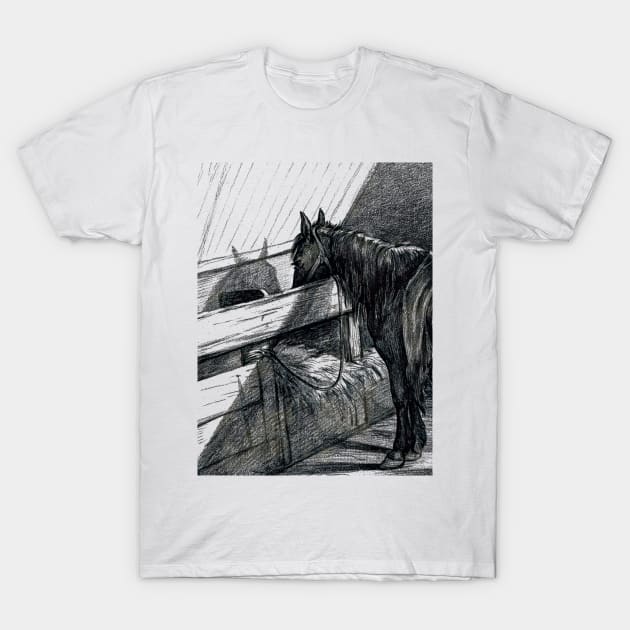 Jean Bernard's Standing Horse in a Stable Edited Black And White T-Shirt by TeachUrb